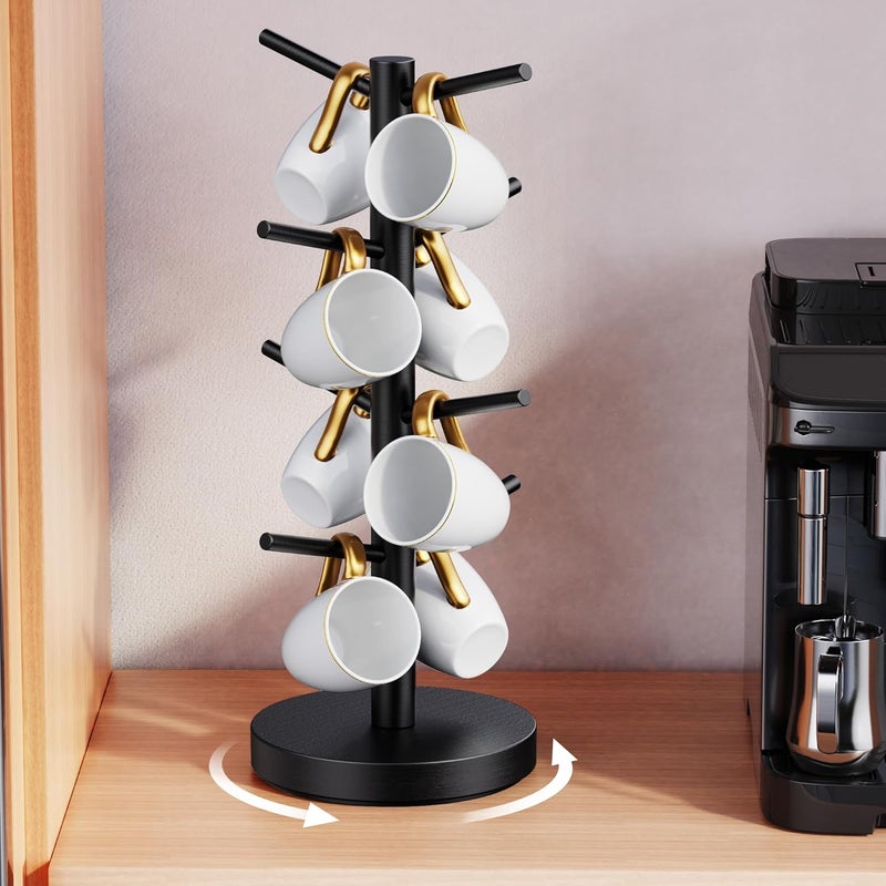 Elerator Coffee Mug Holder Tree, Upgraded 360° Rotated Coffee Cup Holder for Counter, Wood Coffee Mug Tree, Coffee Mug Rack with 8 Hooks, Coffee Mug Organizer Station, Mug Stand Coffee Bar Accessories, Black - Image 1